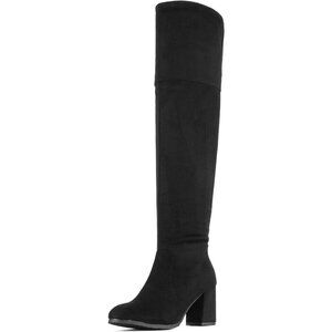 Women's Black Faux Suede Thigh High Block Heel Over The Knee Pointed Toe Boots